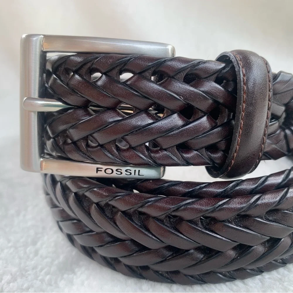 Fossil Myles Dark Brown Braided Leather Belt with Brushed Nickel Buckle 40